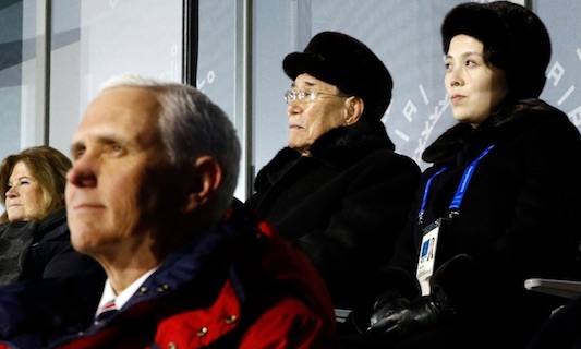 Behind VP Pence: Kim Yong Nam, President of the Presidium of North Korean Parliament, and Kim Yo Jong, sister of leader Kim Jong Un ()