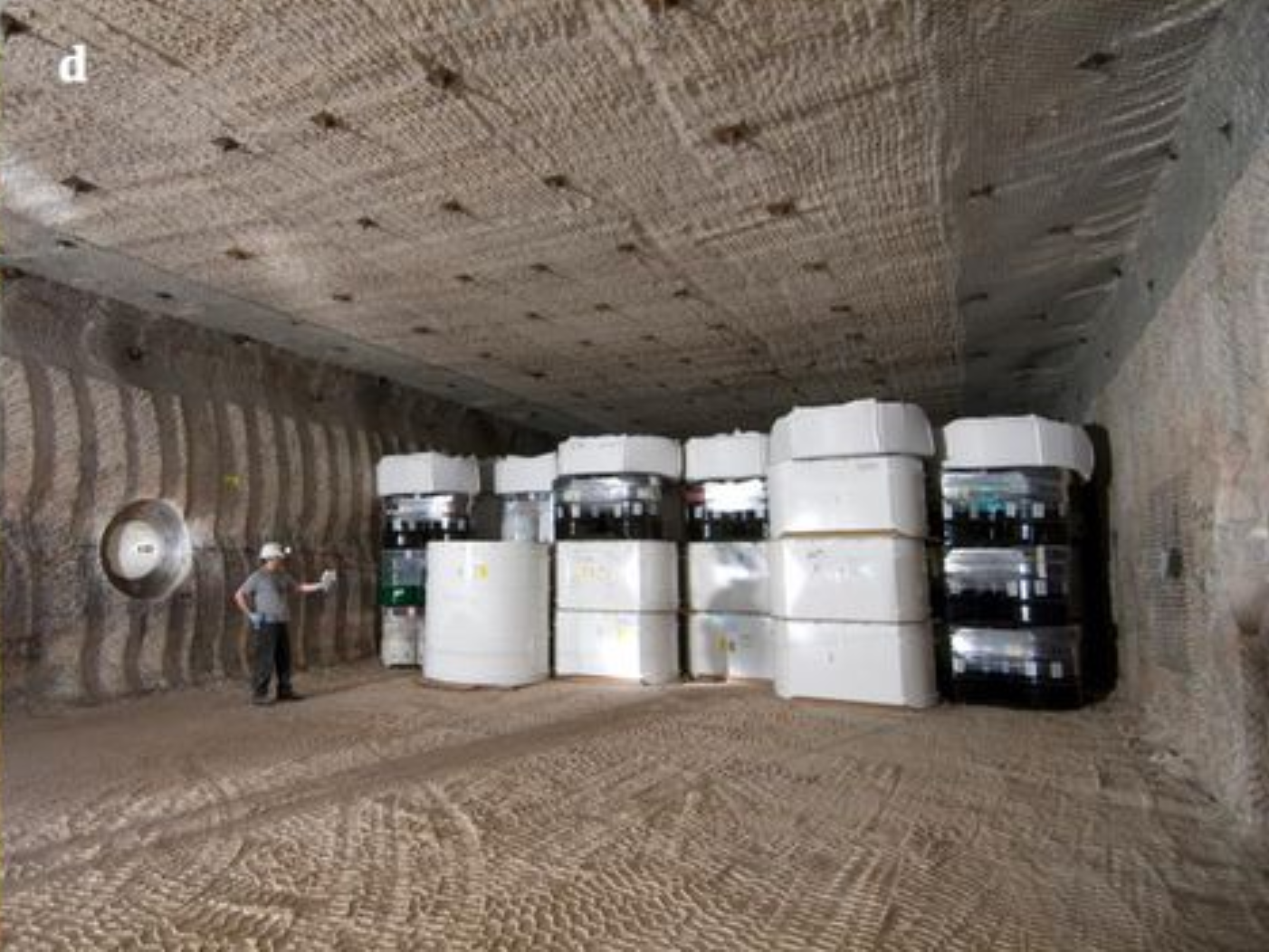  The Waste Isolation Pilot Plant (WIPP) is located in the massive salt of the Salado Formation. b. Contact Handled transuranic nuclear waste being transported to the WIPP site in New Mexico in TRUPac II containers. c. Remote Handled nuclear waste being transported to the WIPP site in a 72B cask. d. Over 10,000 nuclear waste drums and standard waste boxes filling 1 of 56 rooms to be filled at WIPP. Note the higher activity remote handled waste plunged into boreholes in the wall to the right (like SNF could be) and plugged with a 4-foot metal-wrapped cement plug. The Valentine’s Day leak of 2014 occurred from a single drum in Panel 7 Room 7. Source: DOE CBFO