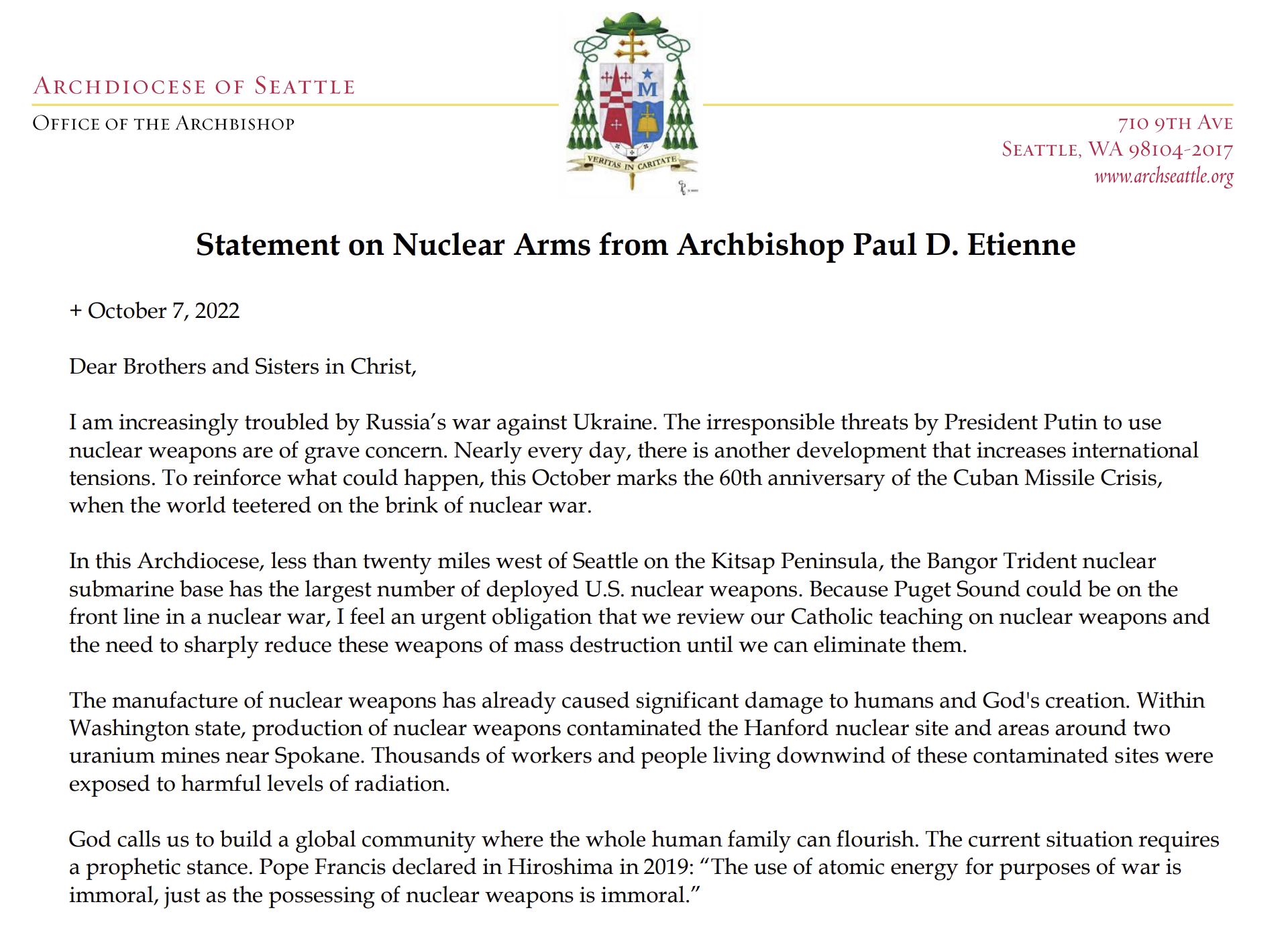 Statement on Nuclear Arms from Archbishop Paul D. Etienne