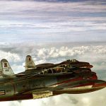Republic F-84G Thunderjets of the 55th Fighter Bomber Squadron cruise over the Atlantic Ocean enroute to England in 1952. In a few months, the 20th Fighter Bomber Wing had developed tactics for a nuclear strike mission, the first USAF fighter unit to pick up a nuclear role.