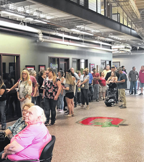 A small portion of the crowd which lined up and waited hours Tuesday in the OSU Endeavor Center in Piketon.