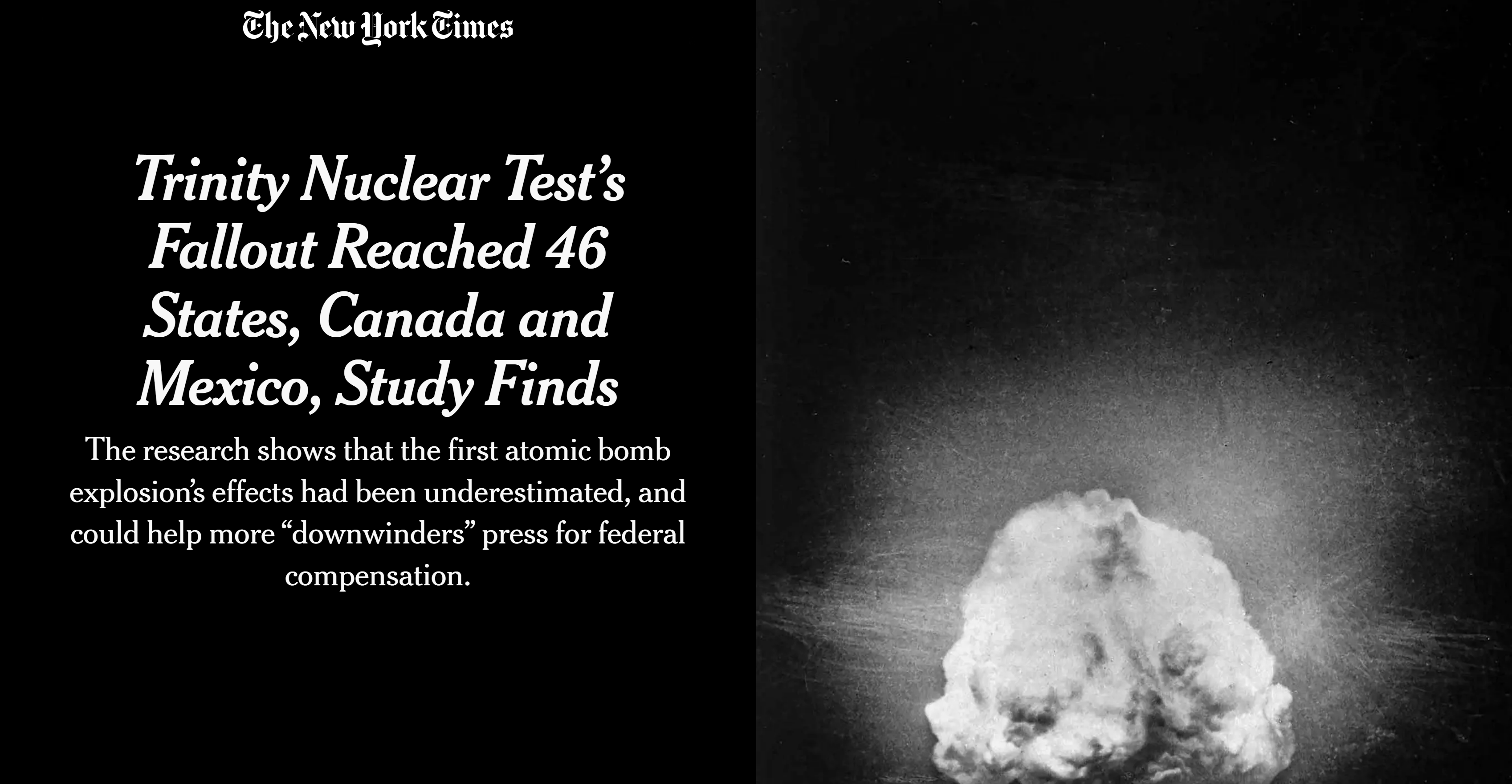 New York Times - Trinity Nuclear Tests Fallout Reached 46 States Canada and Mexico Study Finds