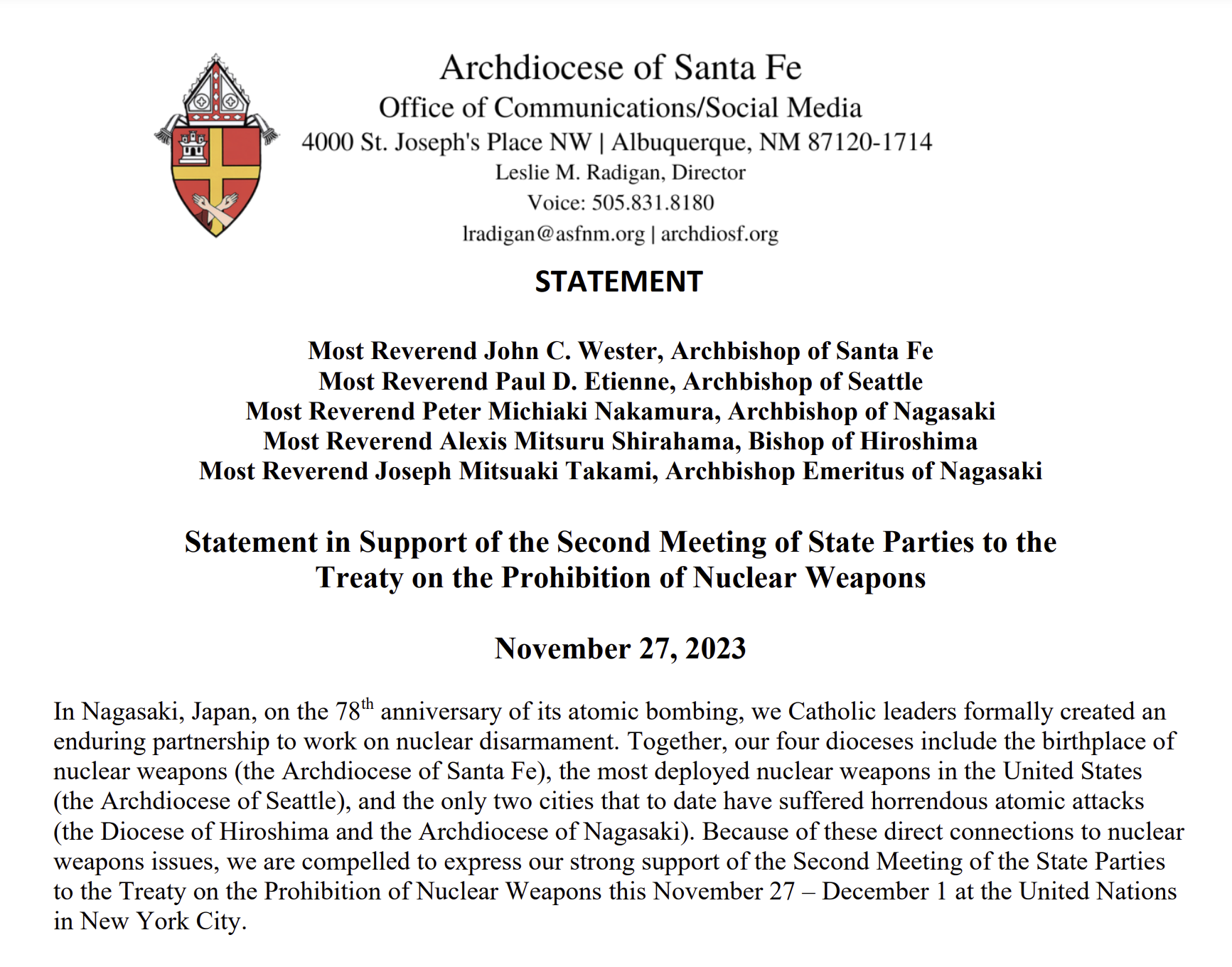 Archdioceses of Santa Fe, Seattle, Nagasaki and Diocese of Hiroshima: Statement in Support of the Second Meeting of State Parties to the TPNW